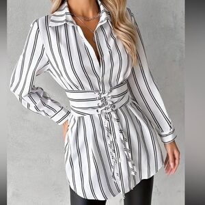Striped Print Button Front Blouse, Lace Up Cinched Waist, Long Sleeve